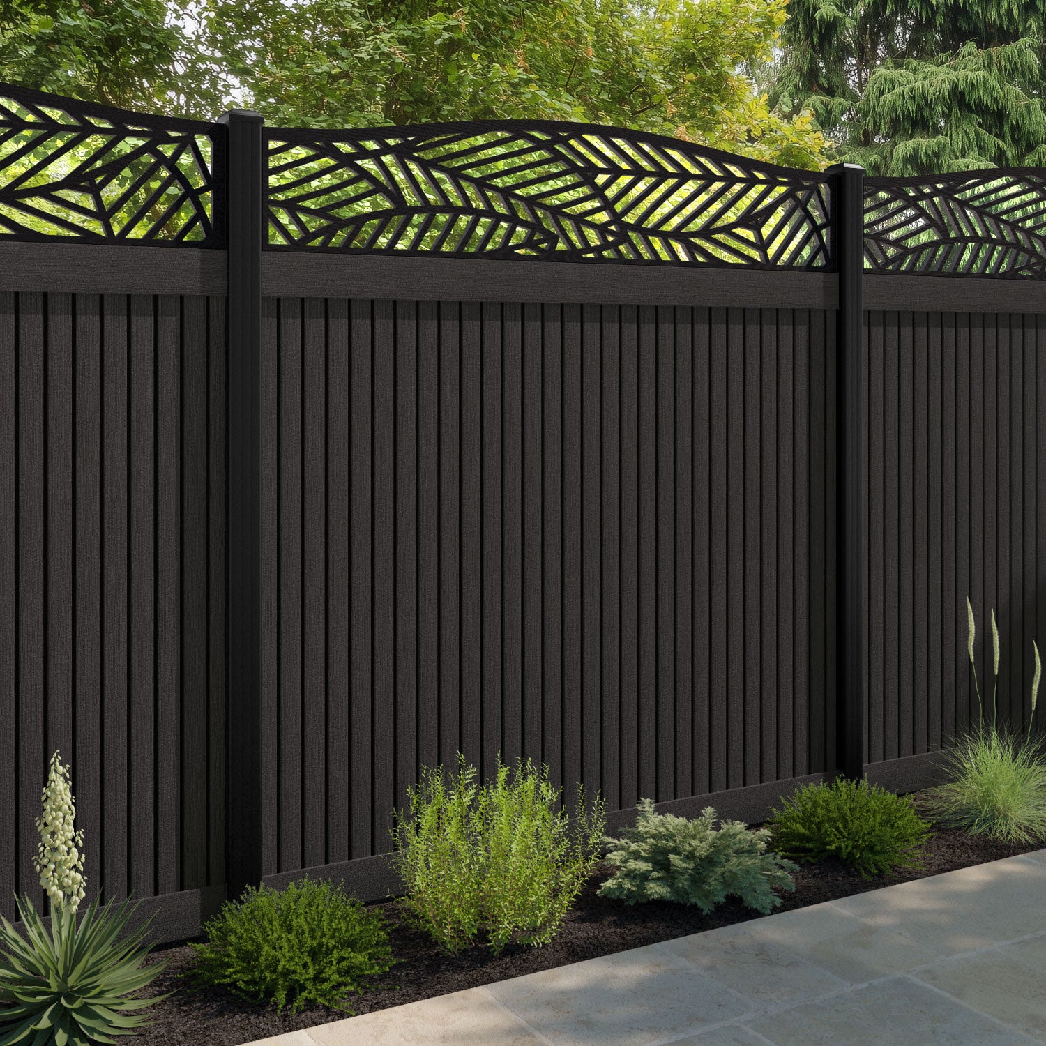 Virtis Habitat Curved Top Fence Panel - Dark Oak - with our aluminium posts