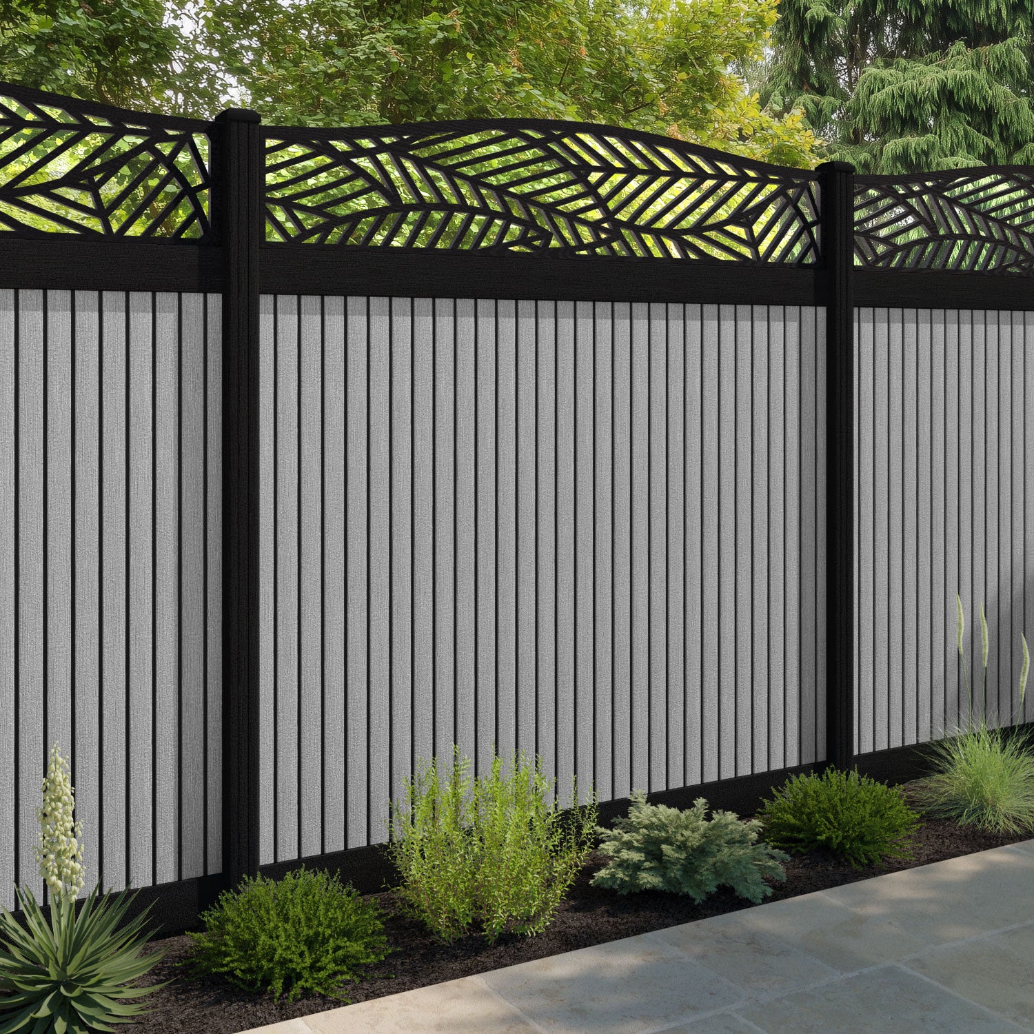 Virtis Habitat Curved Top Fence Panel - Light Grey - with our aluminium posts