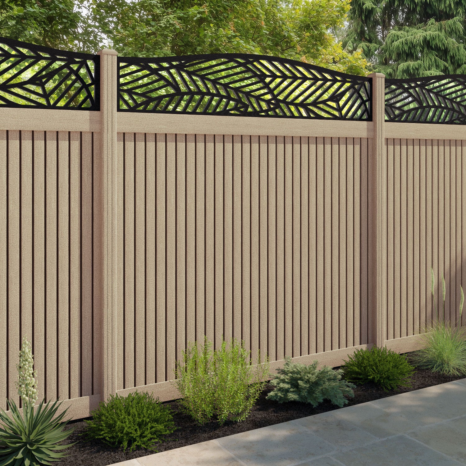 Virtis Habitat Curved Top Fence Panel - Light Oak - with our composite posts
