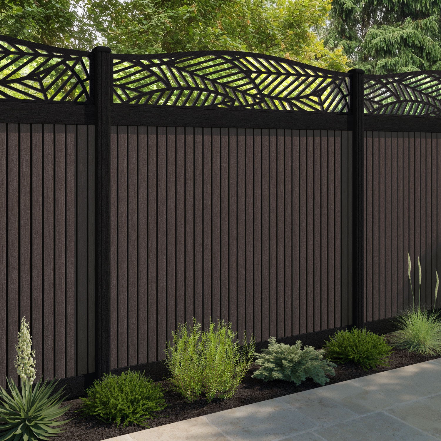 Virtis Habitat Curved Top Fence Panel - Mid Brown - with our aluminium posts