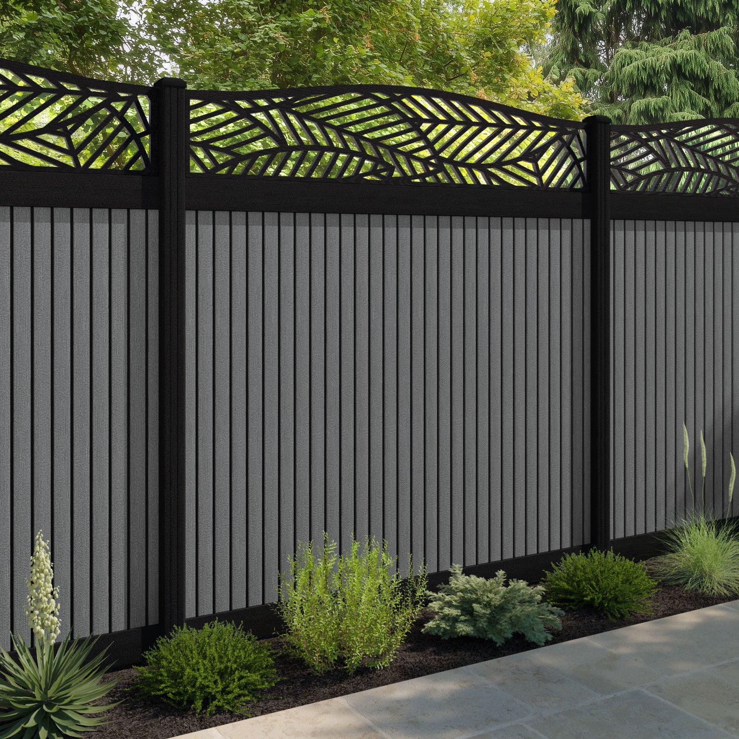 Virtis Habitat Curved Top Fence Panel - Mid Grey - with our aluminium posts