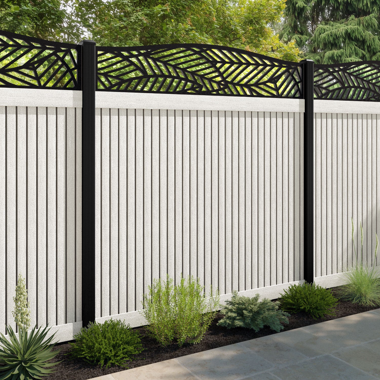 Virtis Habitat Curved Top Fence Panel - Light Stone - with our aluminium posts