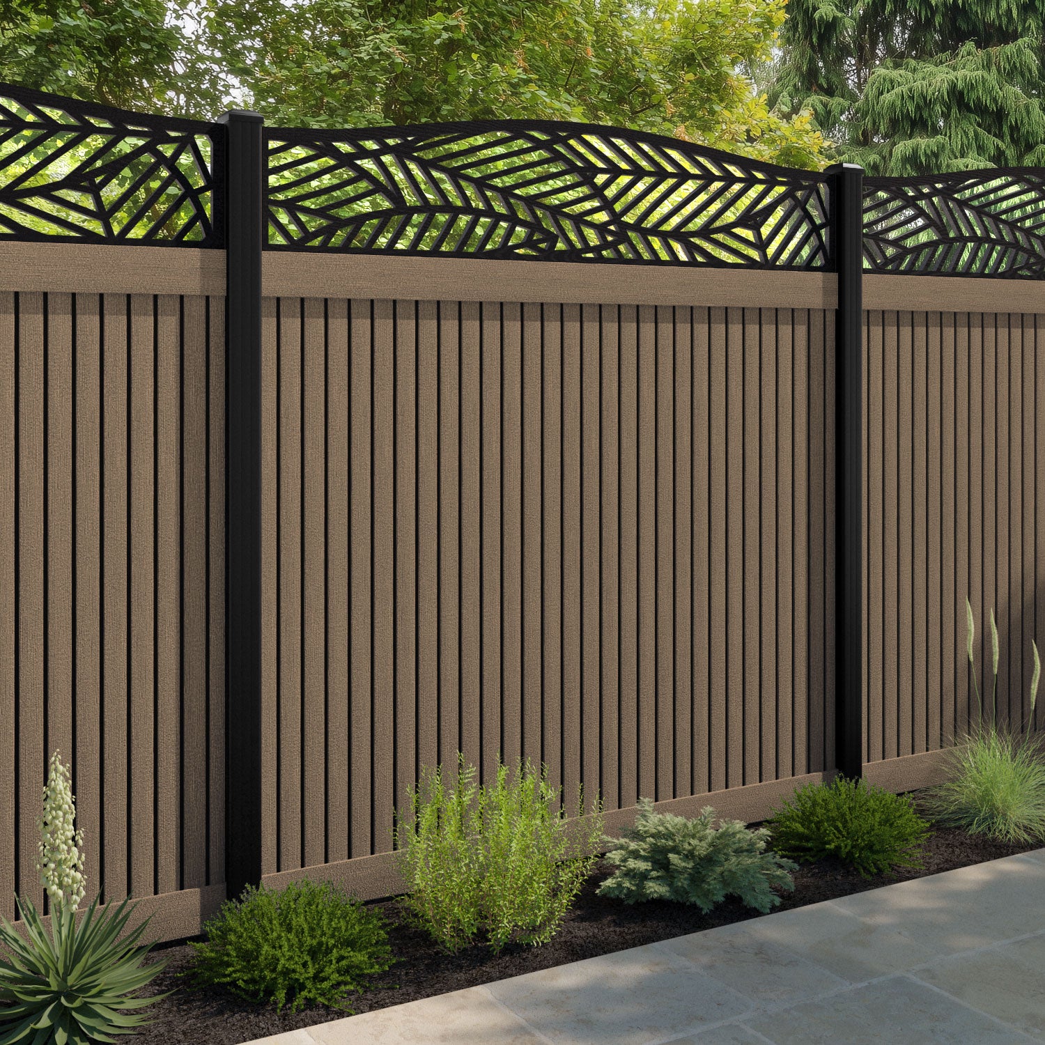 Virtis Habitat Curved Top Fence Panel - Teak - with our aluminium posts