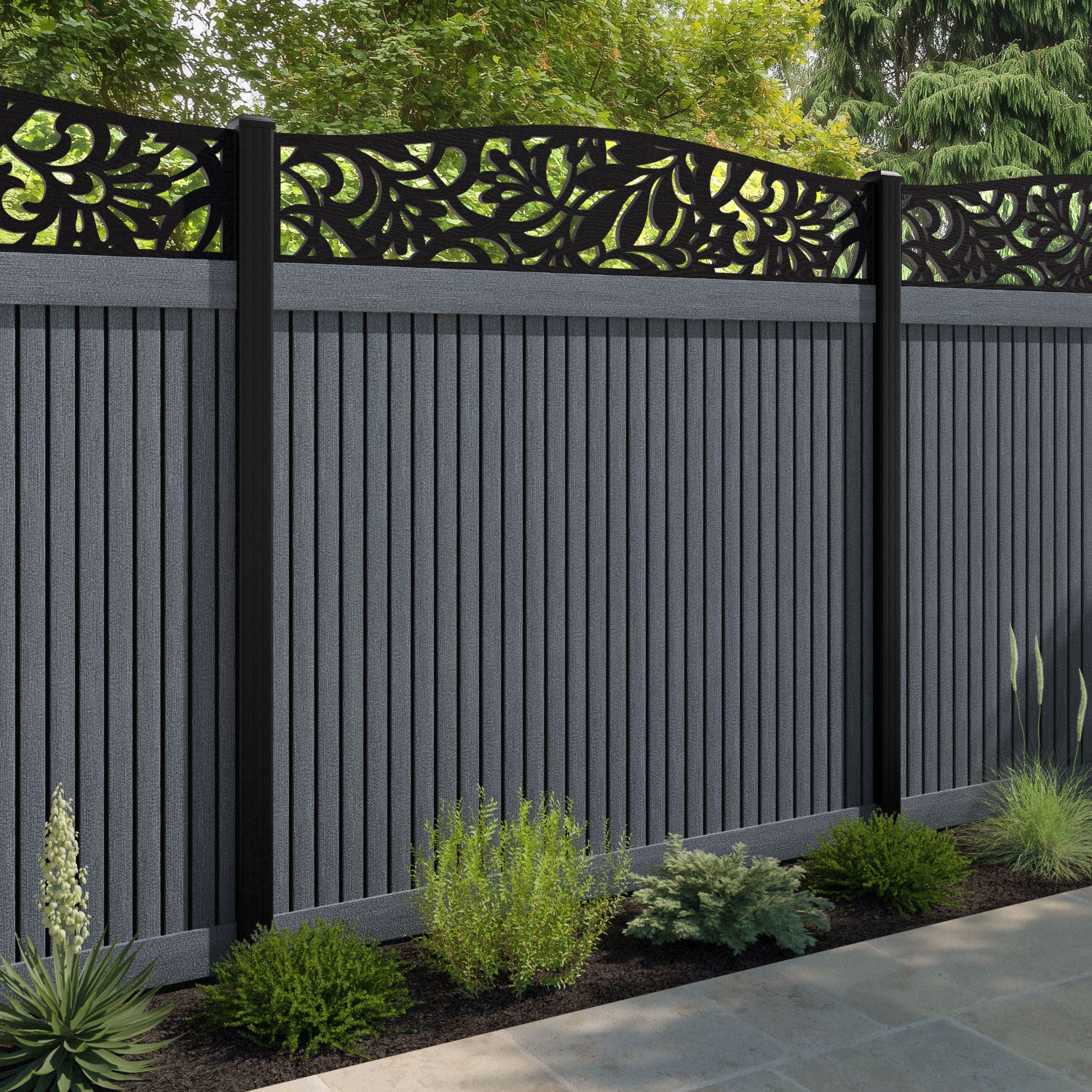 Virtis Heritage Curved Top Fence Panel - Anthracite - with our aluminium posts