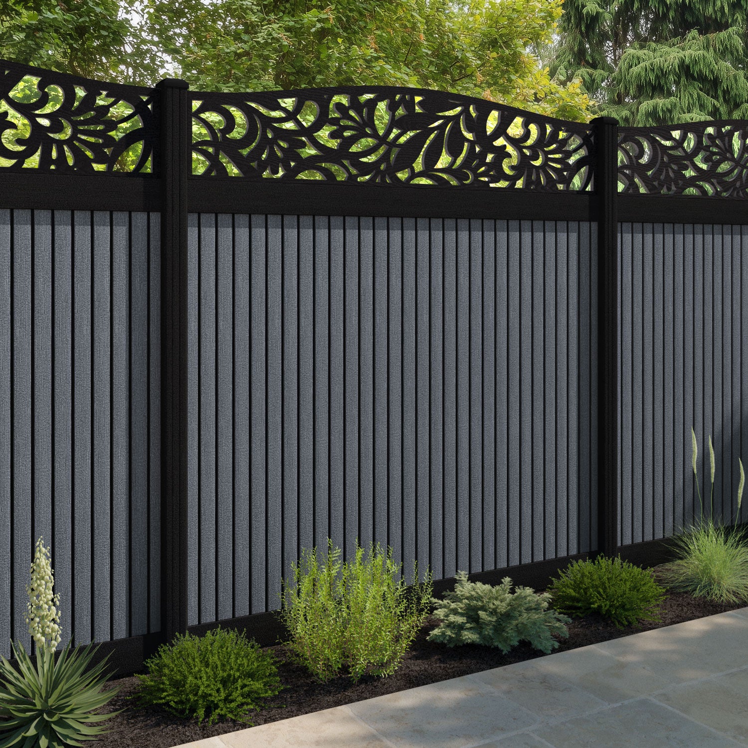 Virtis Heritage Curved Top Fence Panel - Anthracite - with our aluminium posts