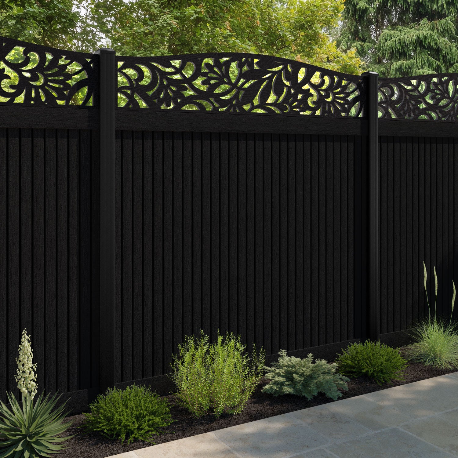 Virtis Heritage Curved Top Fence Panel - Black - with our aluminium posts