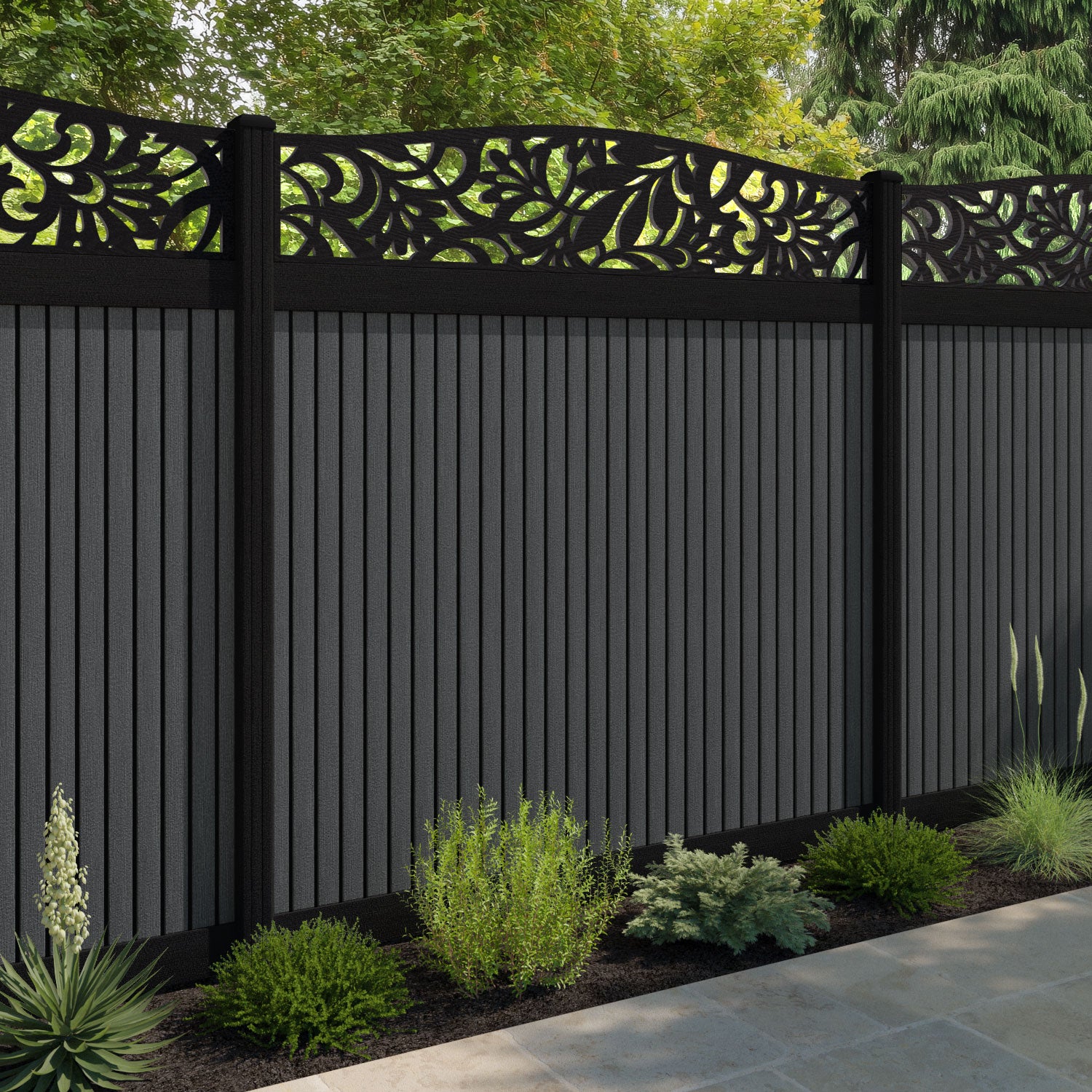 Virtis Heritage Curved Top Fence Panel - Dark Grey - with our aluminium posts