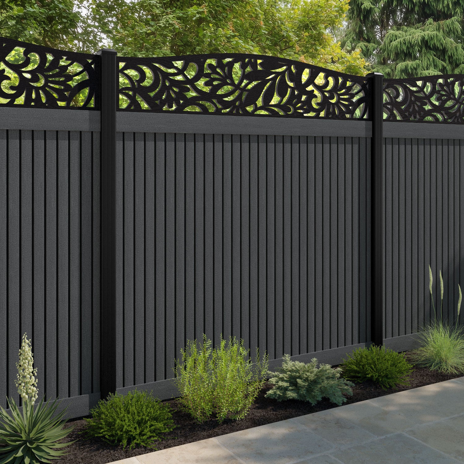 Virtis Heritage Curved Top Fence Panel - Dark Grey - with our aluminium posts