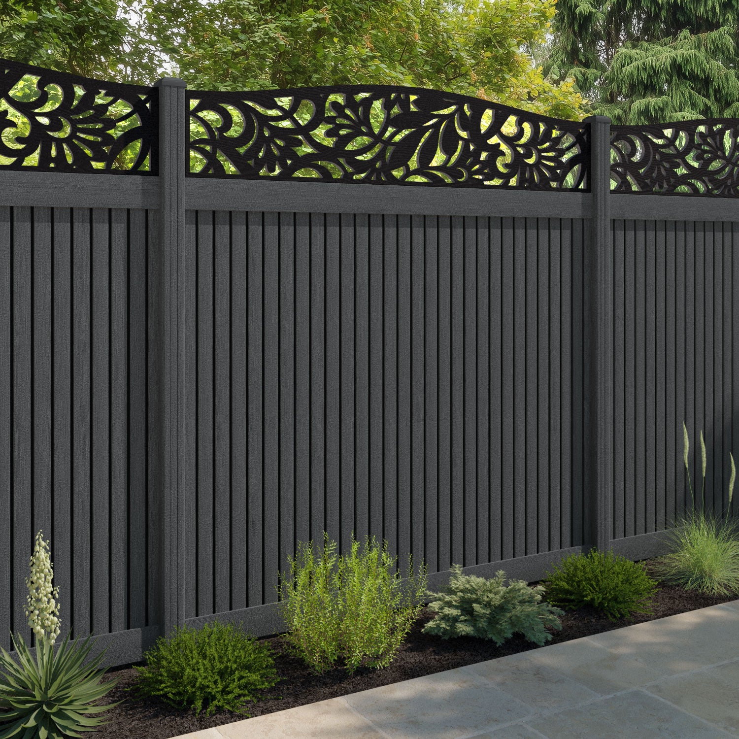 Virtis Heritage Curved Top Fence Panel - Dark Grey - with our composite posts