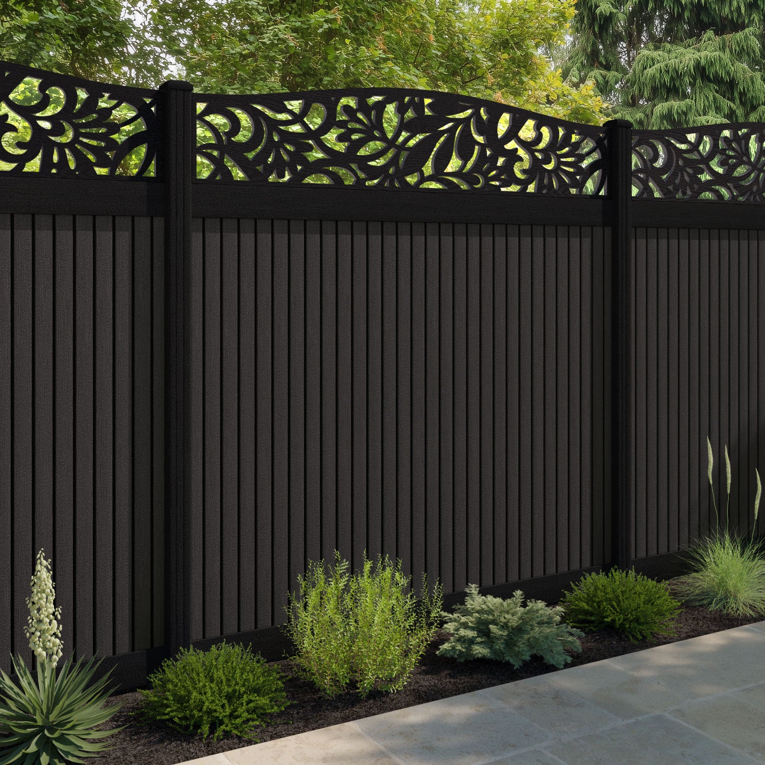 Virtis Heritage Curved Top Fence Panel - Dark Oak - with our composite posts