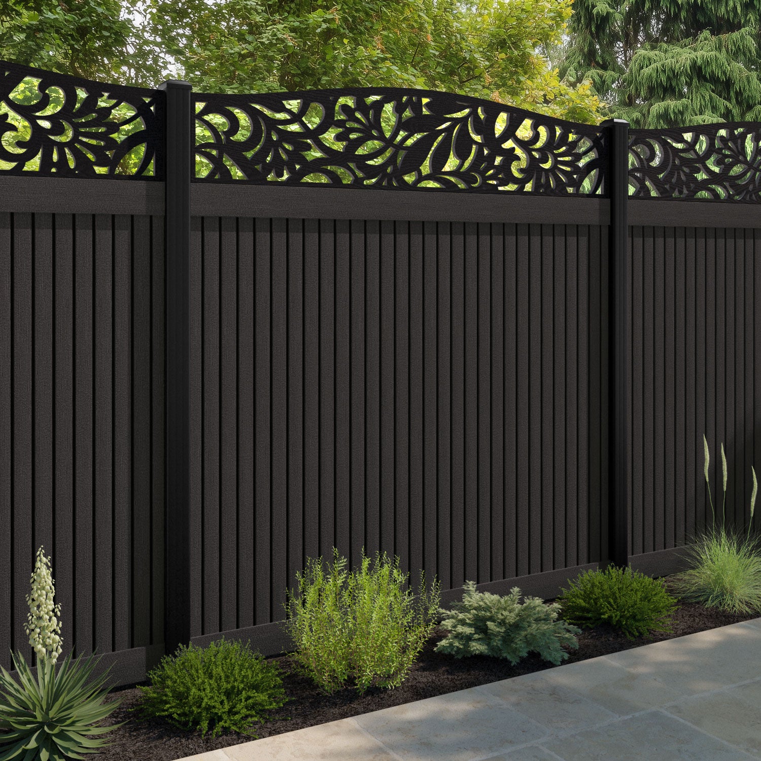 Virtis Heritage Curved Top Fence Panel - Dark Oak - with our aluminium posts