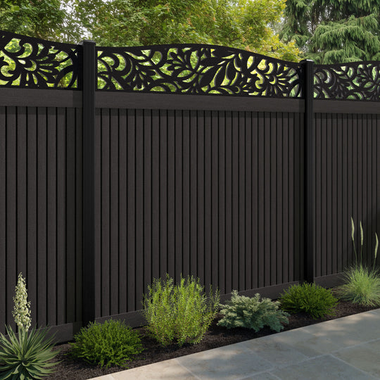 Virtis Heritage Curved Top Fence Panel - Dark Oak - with our aluminium posts