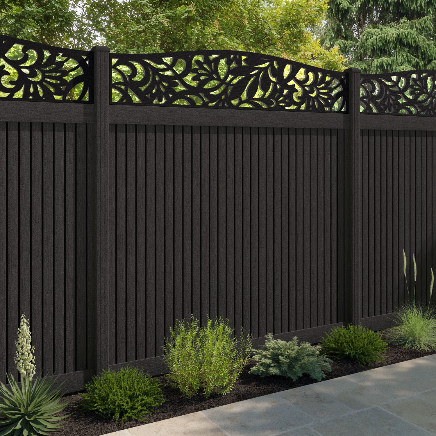Virtis Heritage Curved Top Fence Panel - Dark Oak - with our composite posts