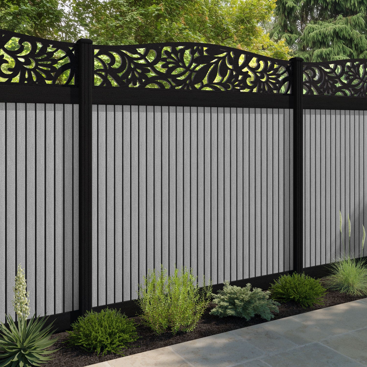 Virtis Heritage Curved Top Fence Panel - Light Grey - with our composite posts