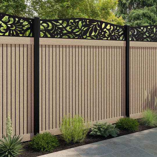 Virtis Heritage Curved Top Fence Panel - Light Oak - with our aluminium posts
