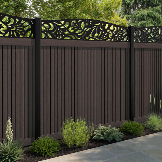 Virtis Heritage Curved Top Fence Panel - Mid Brown - with our aluminium posts