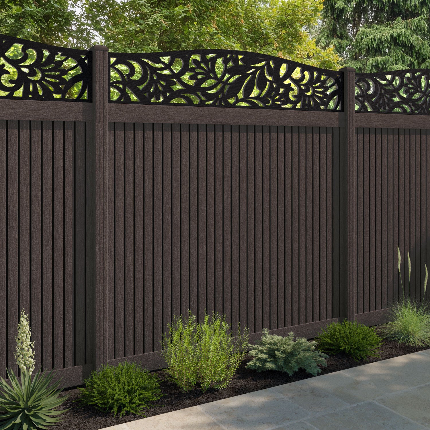 Virtis Heritage Curved Top Fence Panel - Mid Brown - with our composite posts