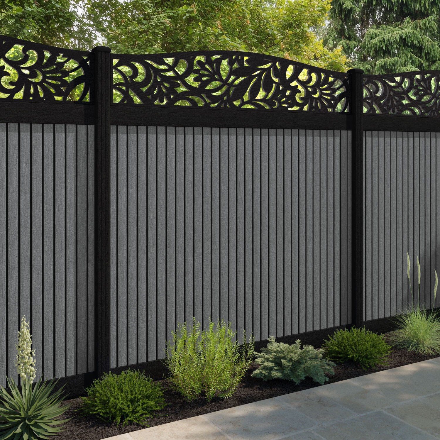 Virtis Heritage Curved Top Fence Panel - Mid Grey - with our aluminium posts