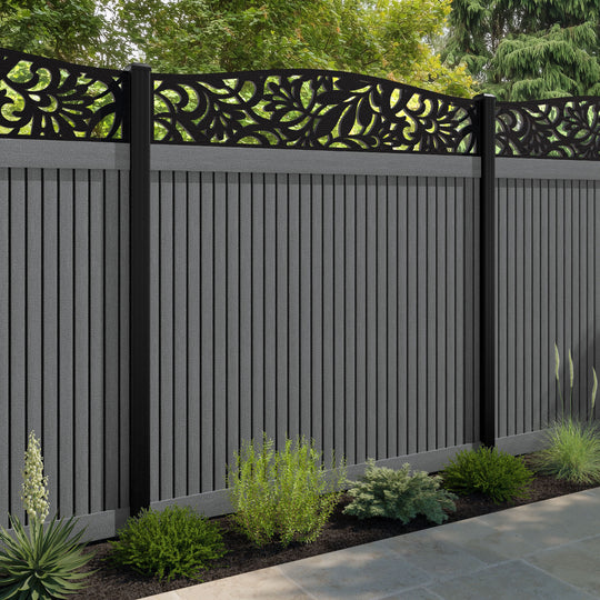 Virtis Heritage Curved Top Fence Panel - Mid Grey - with our aluminium posts