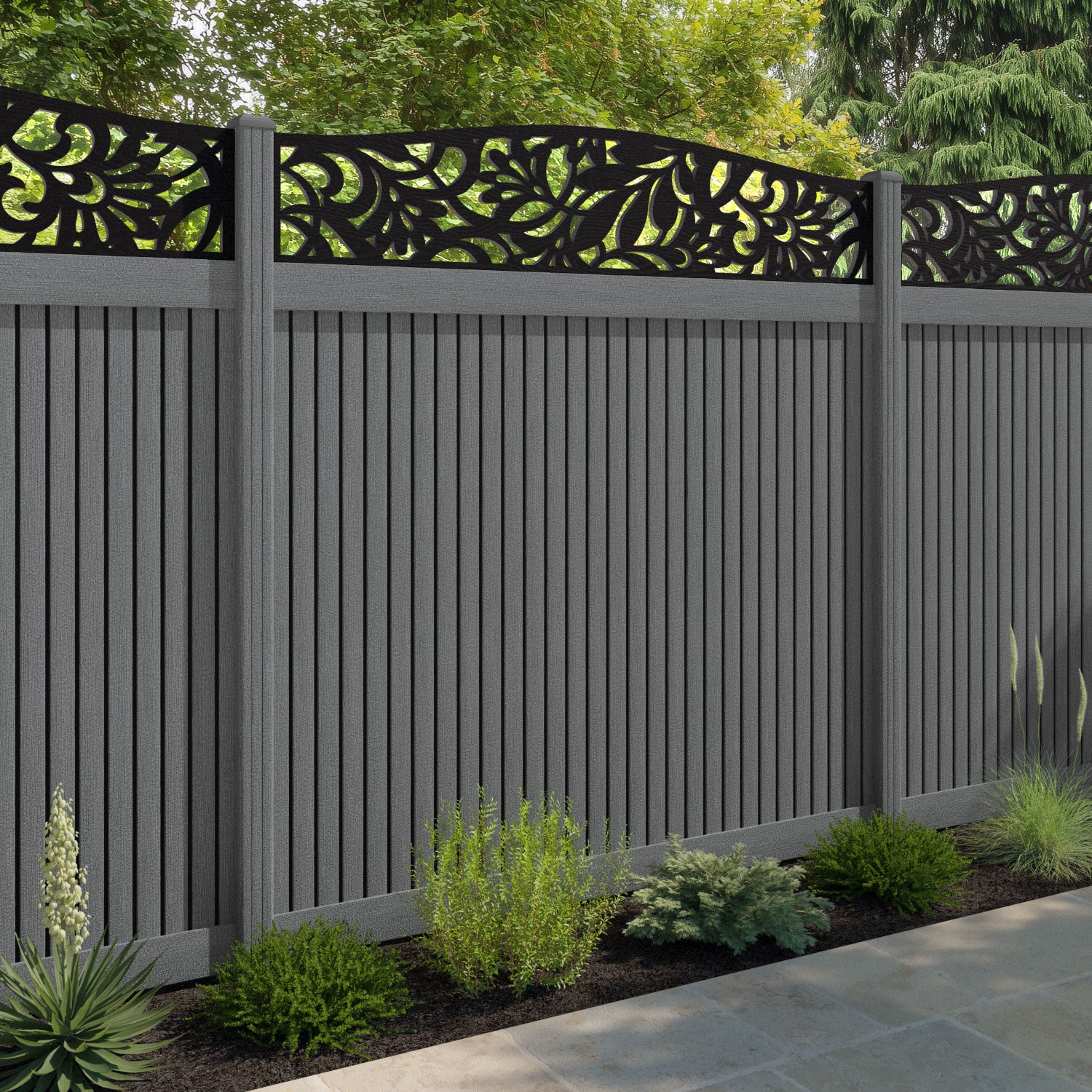 Virtis Heritage Curved Top Fence Panel - Mid Grey - with our composite posts