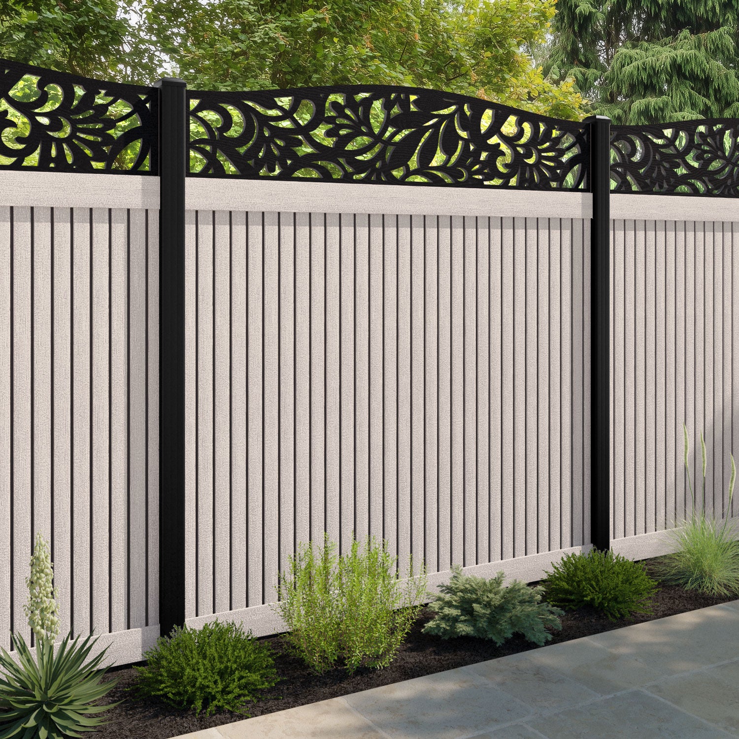 Virtis Heritage Curved Top Fence Panel - Mid Stone - with our composite posts