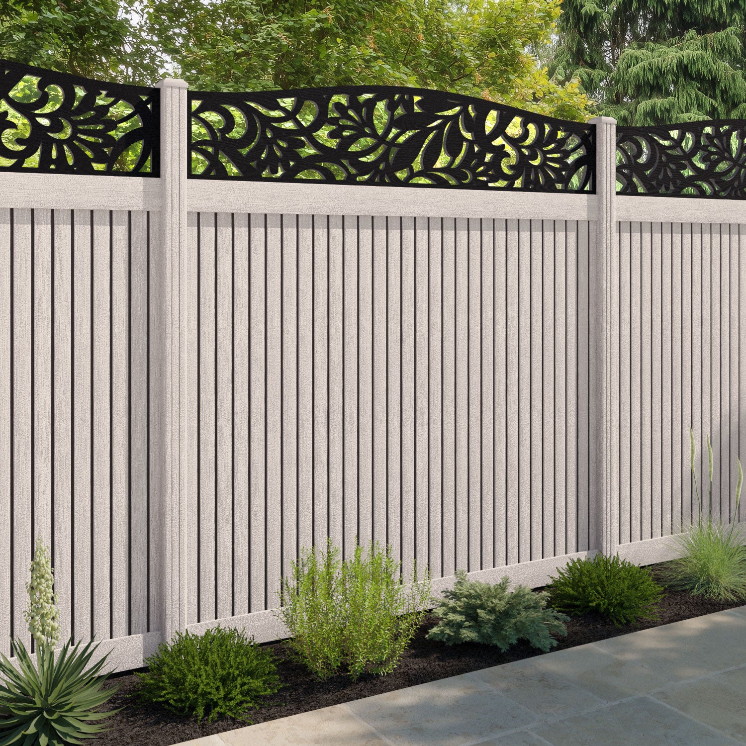 Virtis Heritage Curved Top Fence Panel - Mid Stone - with our composite posts