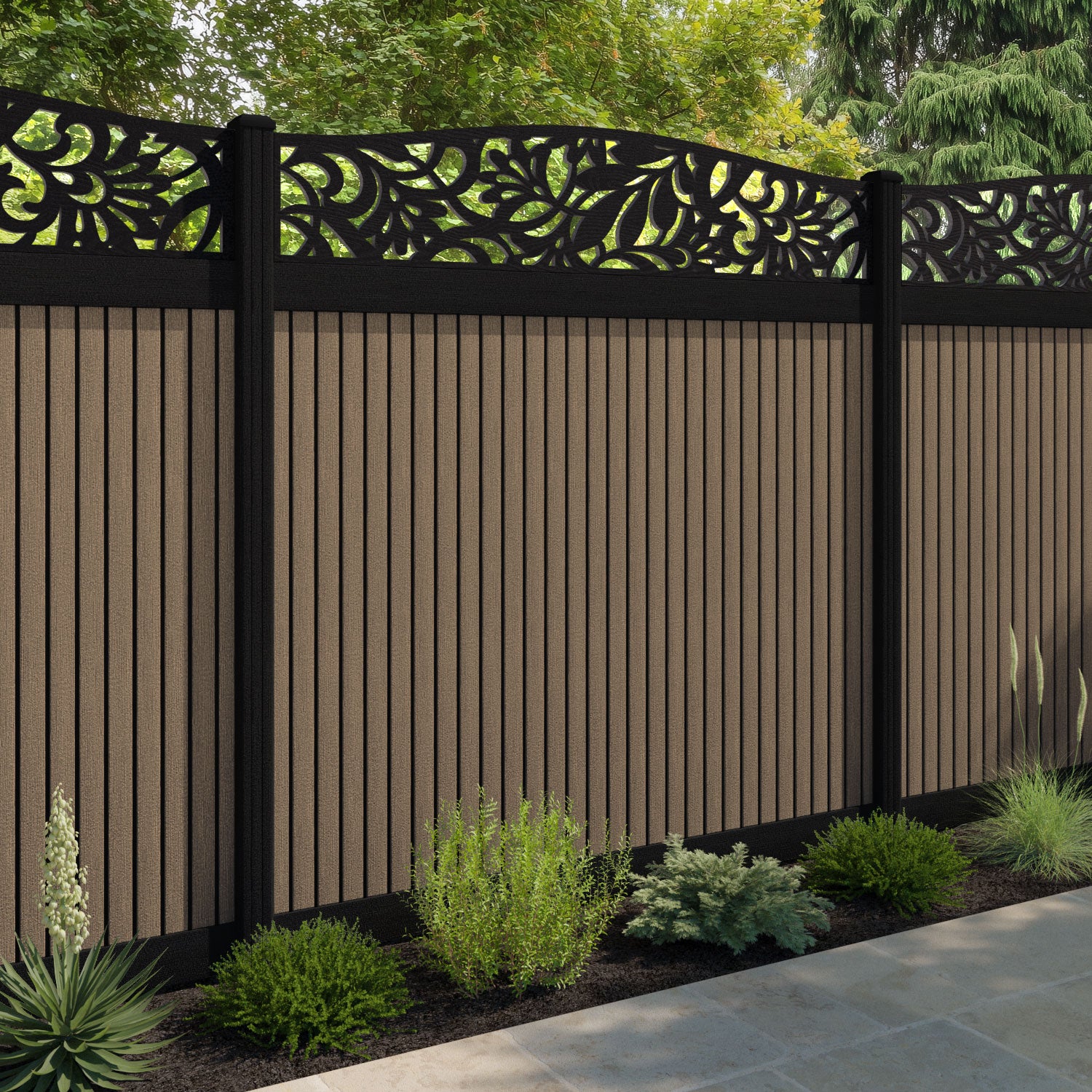 Virtis Heritage Curved Top Fence Panel - Teak - with our aluminium posts