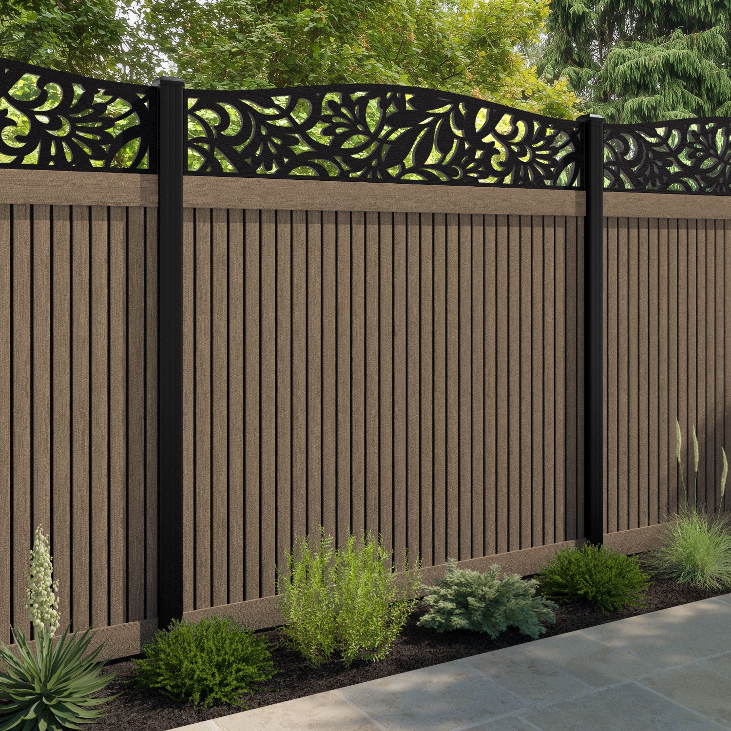 Virtis Heritage Curved Top Fence Panel - Teak - with our aluminium posts