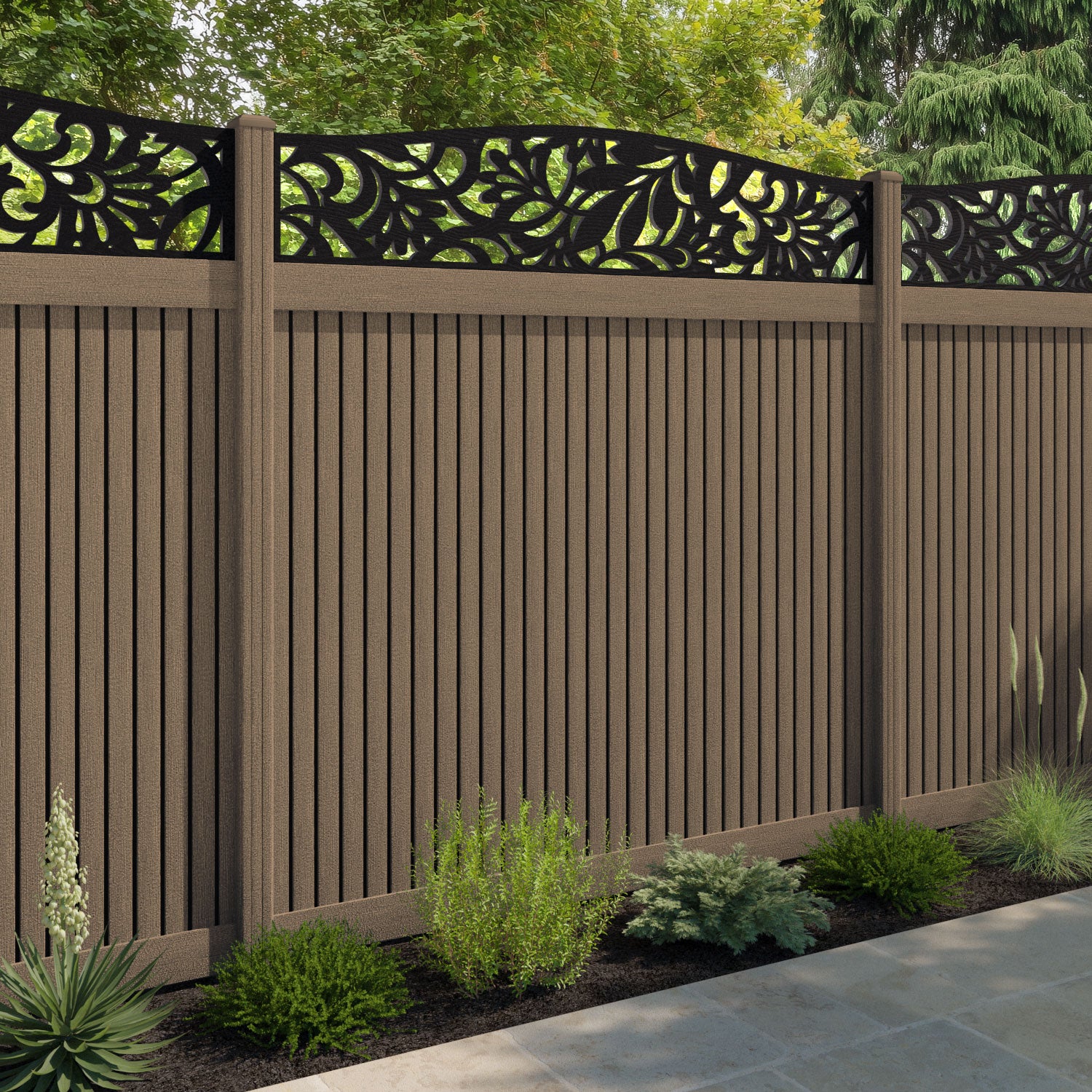 Virtis Heritage Curved Top Fence Panel - Teak - with our composite posts