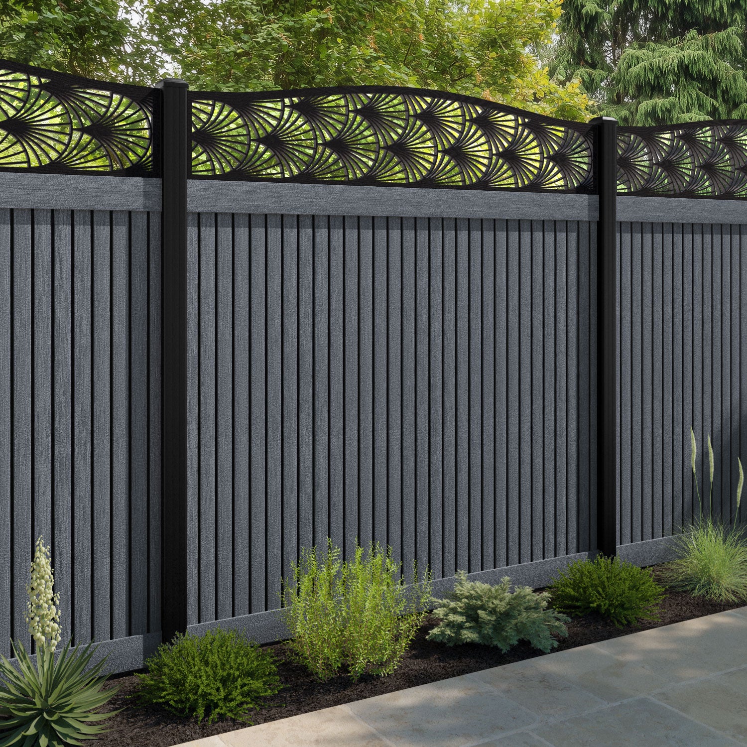 Virtis Laurel Curved Top Fence Panel - Anthracite - with our composite posts