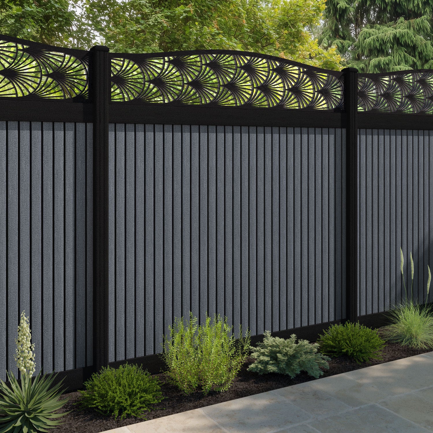 Virtis Laurel Curved Top Fence Panel - Anthracite - with our composite posts