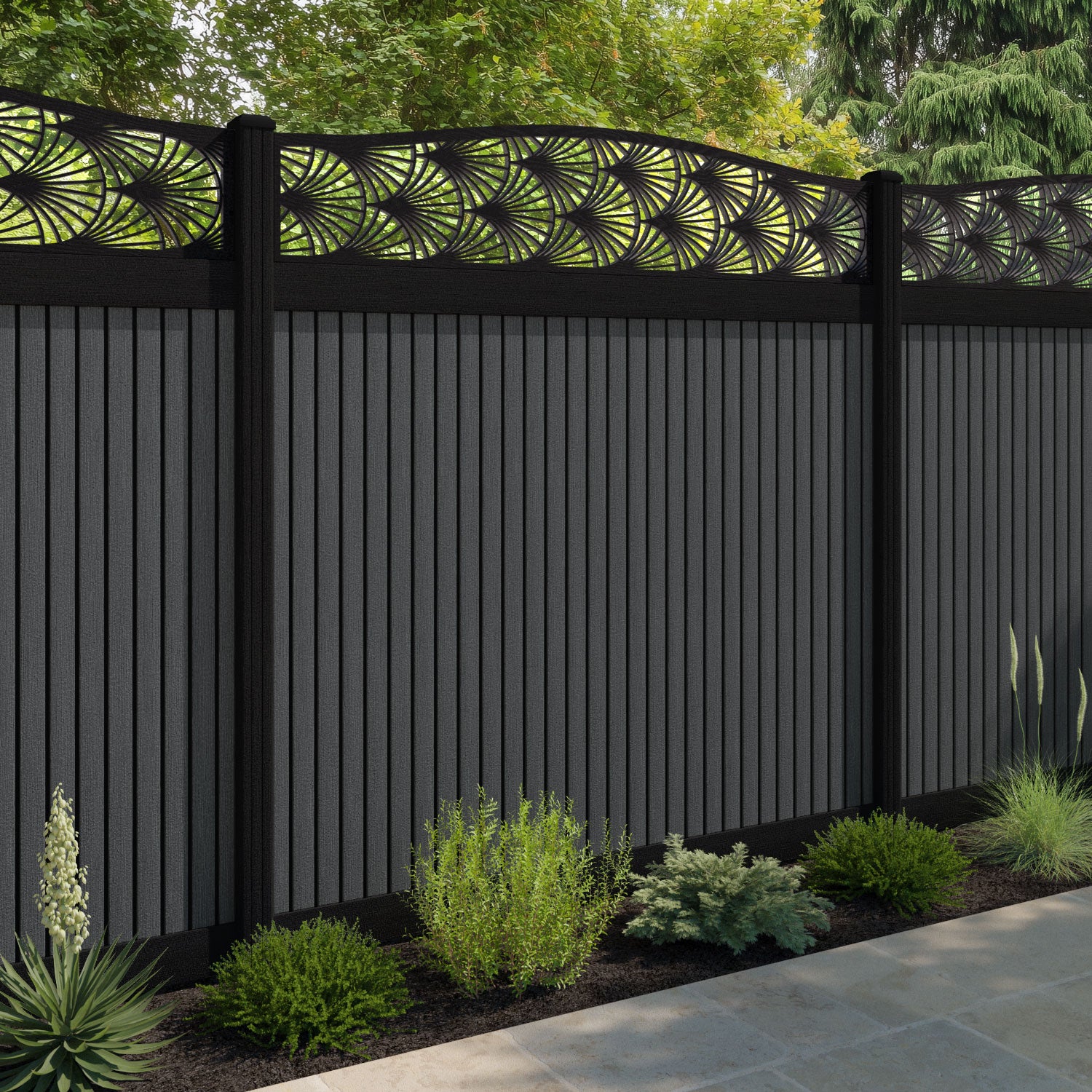 Virtis Laurel Curved Top Fence Panel - Dark Grey - with our aluminium posts