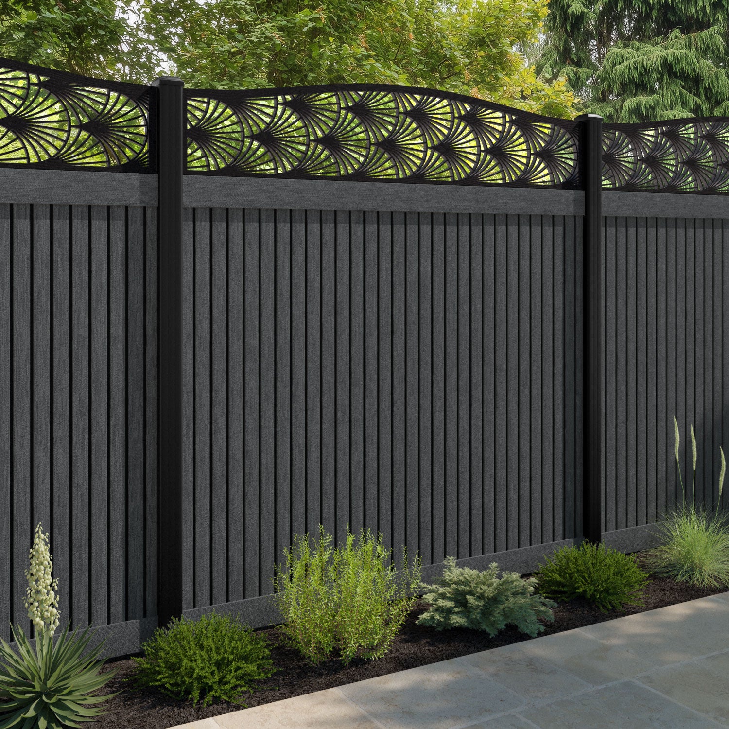 Virtis Laurel Curved Top Fence Panel - Dark Grey - with our aluminium posts