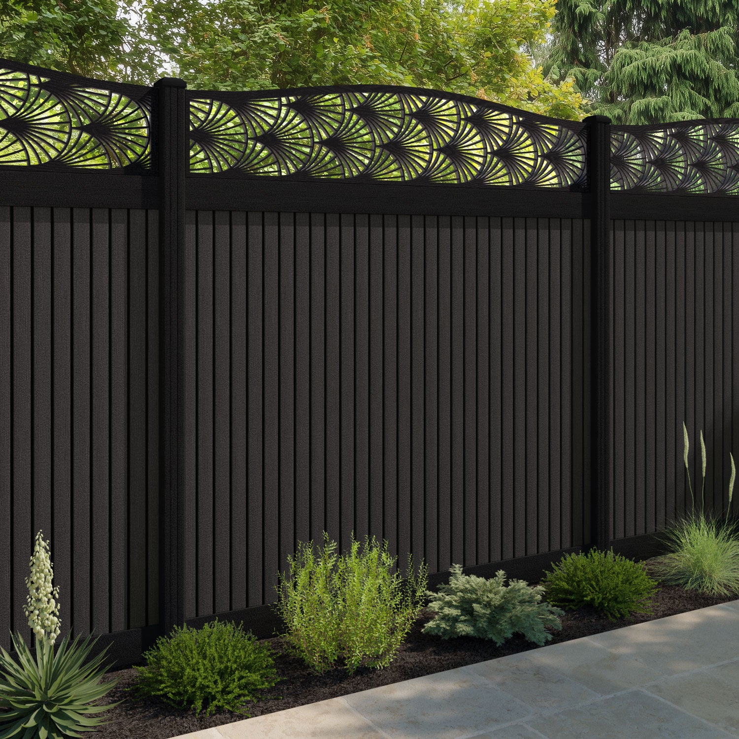 Virtis Laurel Curved Top Fence Panel - Dark Oak - with our aluminium posts