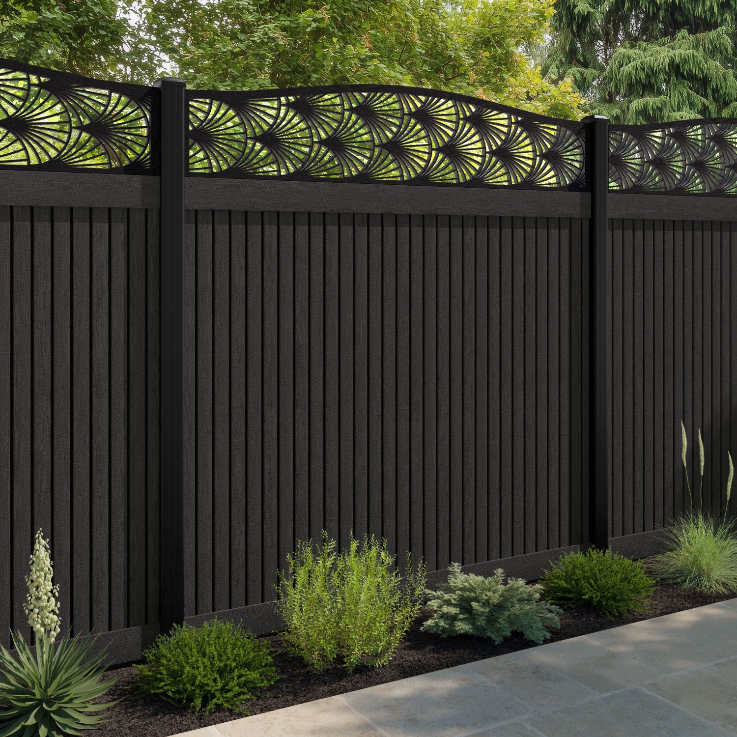 Virtis Laurel Curved Top Fence Panel - Dark Oak - with our aluminium posts