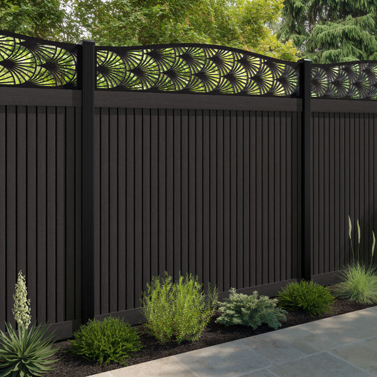 Virtis Laurel Curved Top Fence Panel - Dark Oak - with our aluminium posts