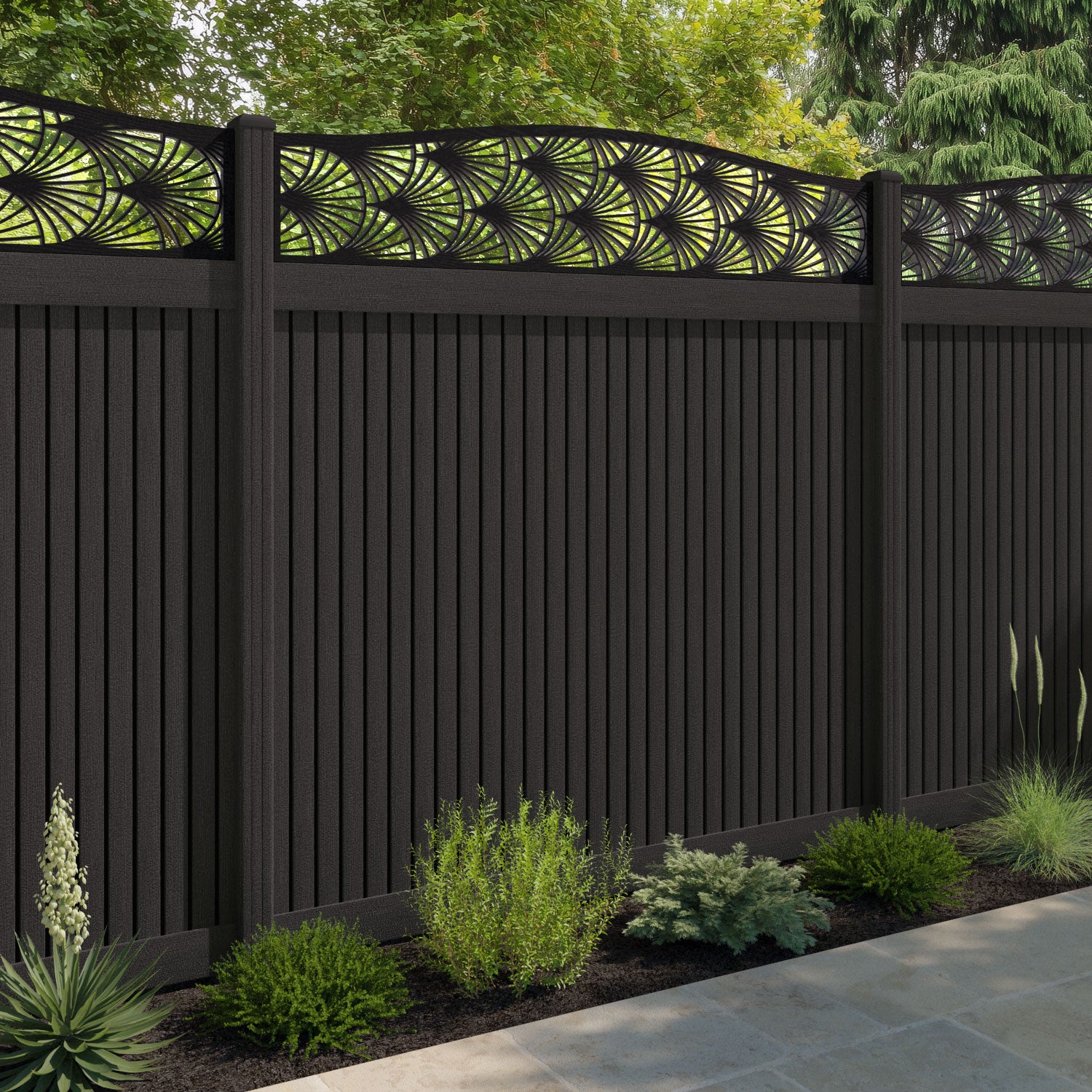 Virtis Laurel Curved Top Fence Panel - Dark Oak - with our composite posts
