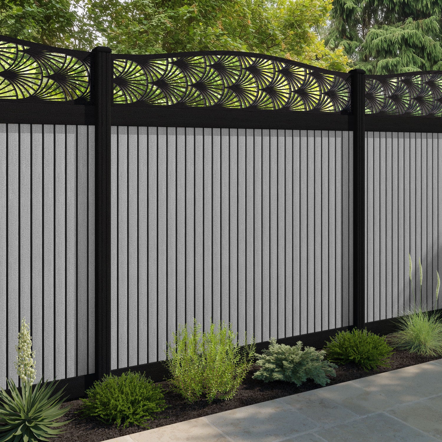 Virtis Laurel Curved Top Fence Panel - Light Grey - with our composite posts