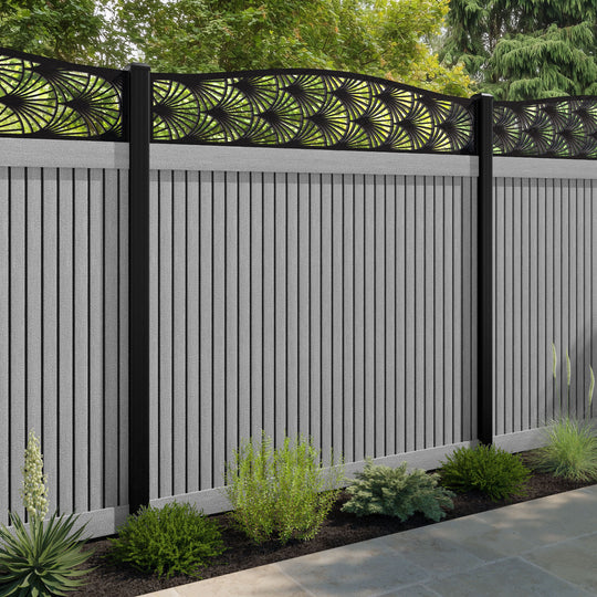 Virtis Laurel Curved Top Fence Panel - Light Grey - with our aluminium posts