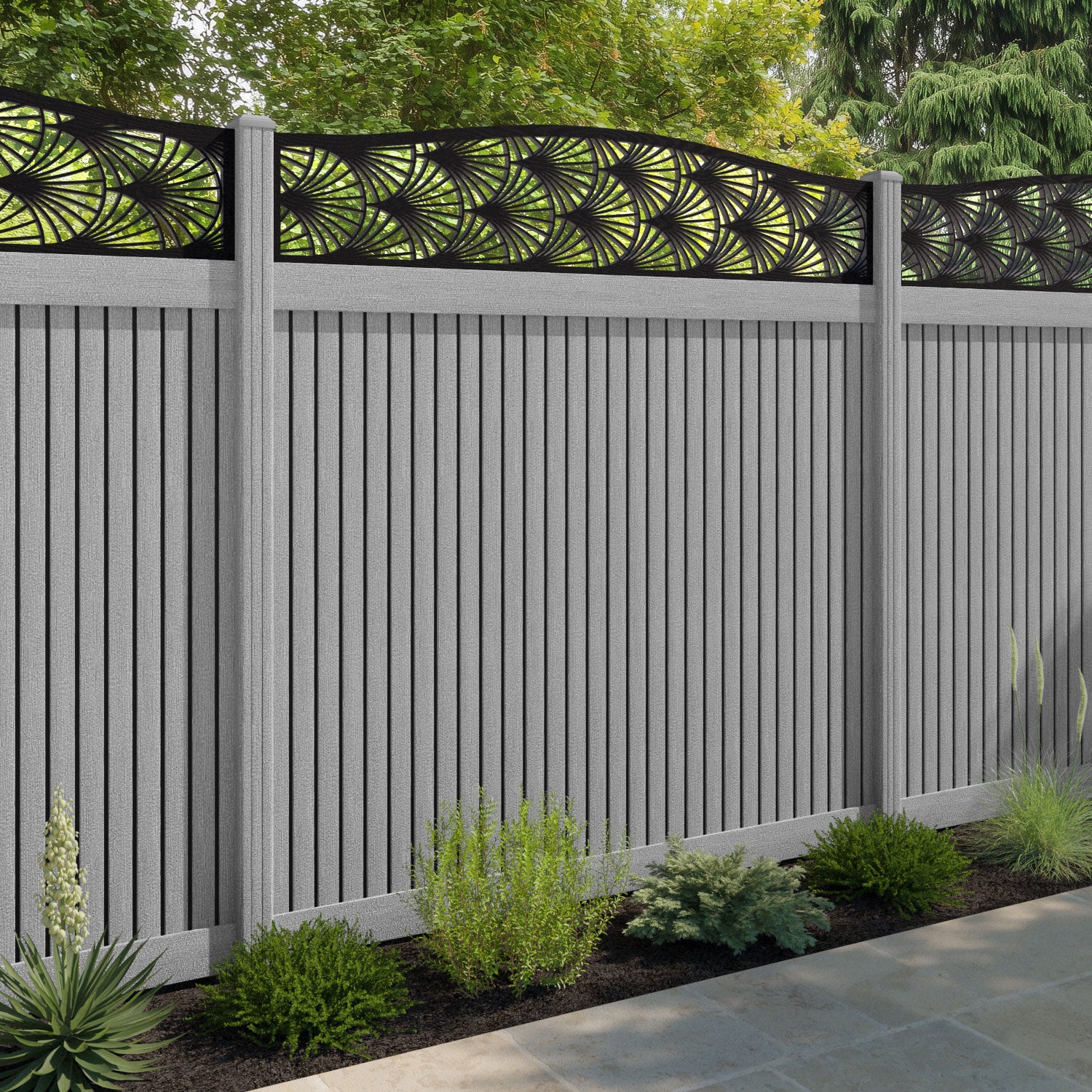 Virtis Laurel Curved Top Fence Panel - Light Grey - with our composite posts