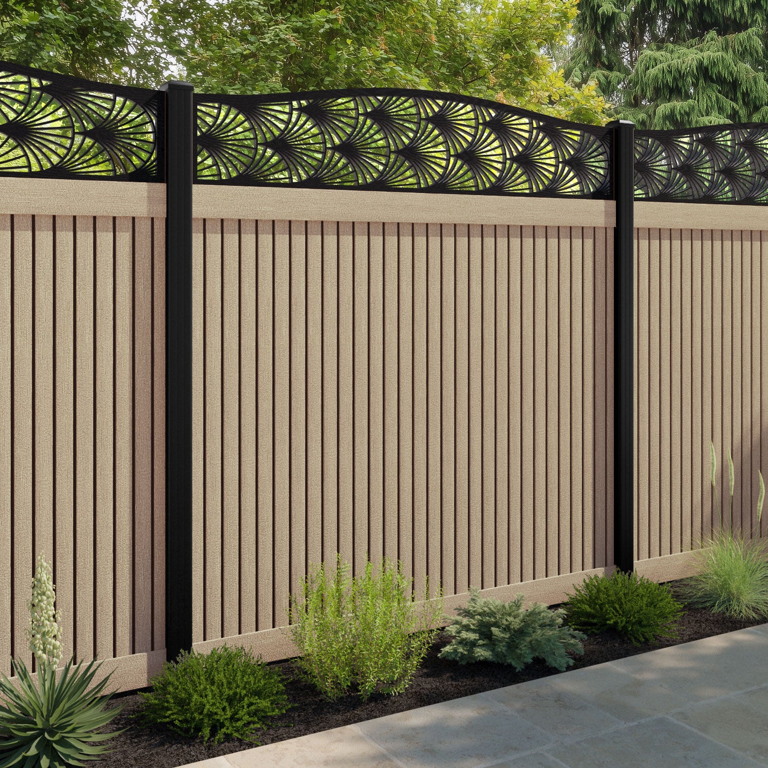 Virtis Laurel Curved Top Fence Panel - Light Oak - with our aluminium posts