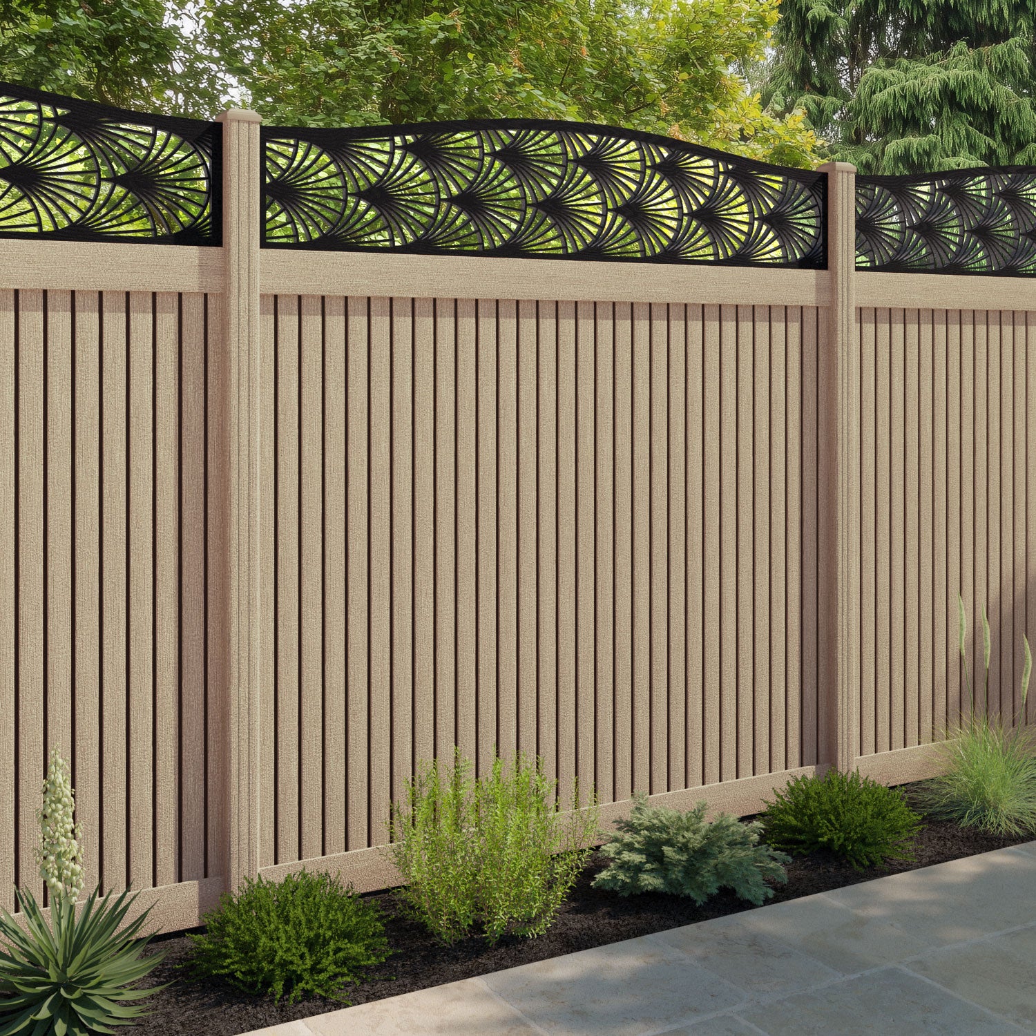 Virtis Laurel Curved Top Fence Panel - Light Oak - with our composite posts