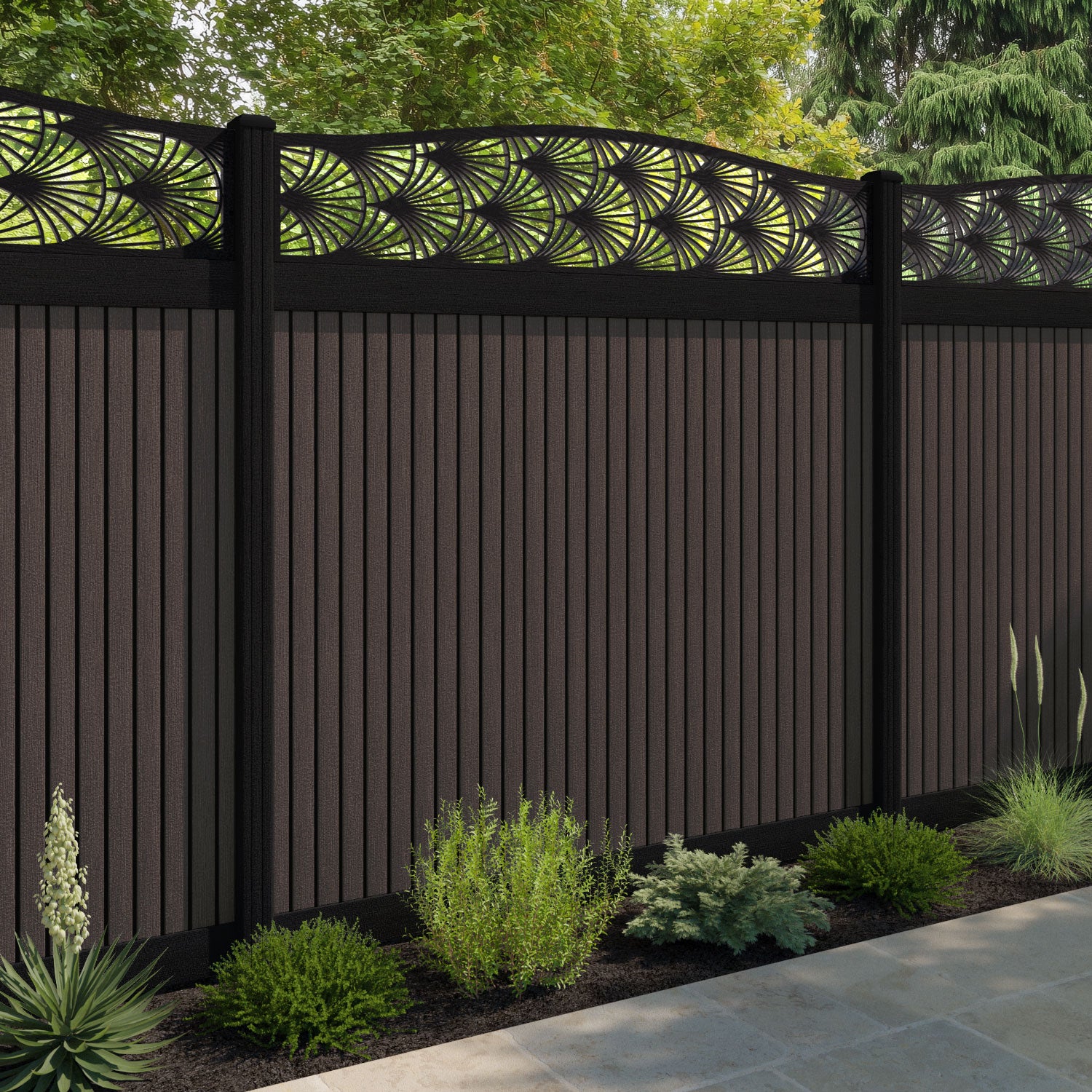 Virtis Laurel Curved Top Fence Panel - Mid Brown - with our aluminium posts