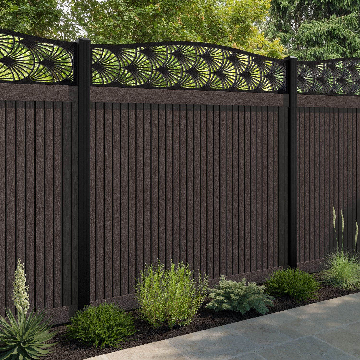 Virtis Laurel Curved Top Fence Panel - Mid Brown - with our aluminium posts