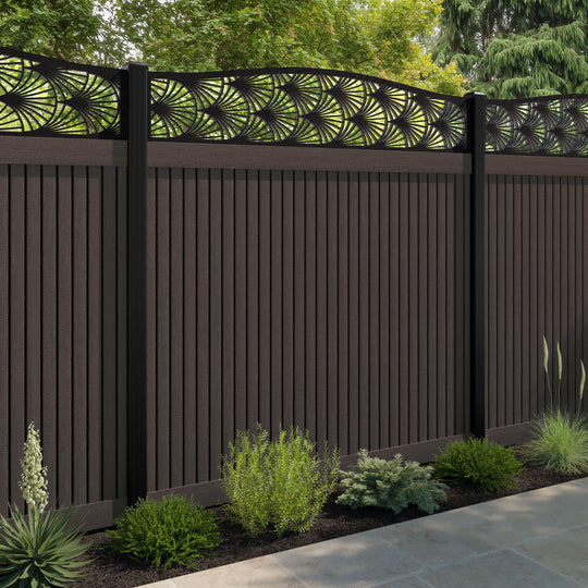 Virtis Laurel Curved Top Fence Panel - Mid Brown - with our aluminium posts