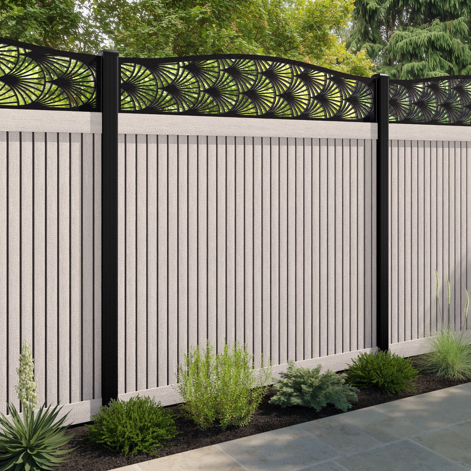 Virtis Laurel Curved Top Fence Panel - Mid Stone - with our aluminium posts