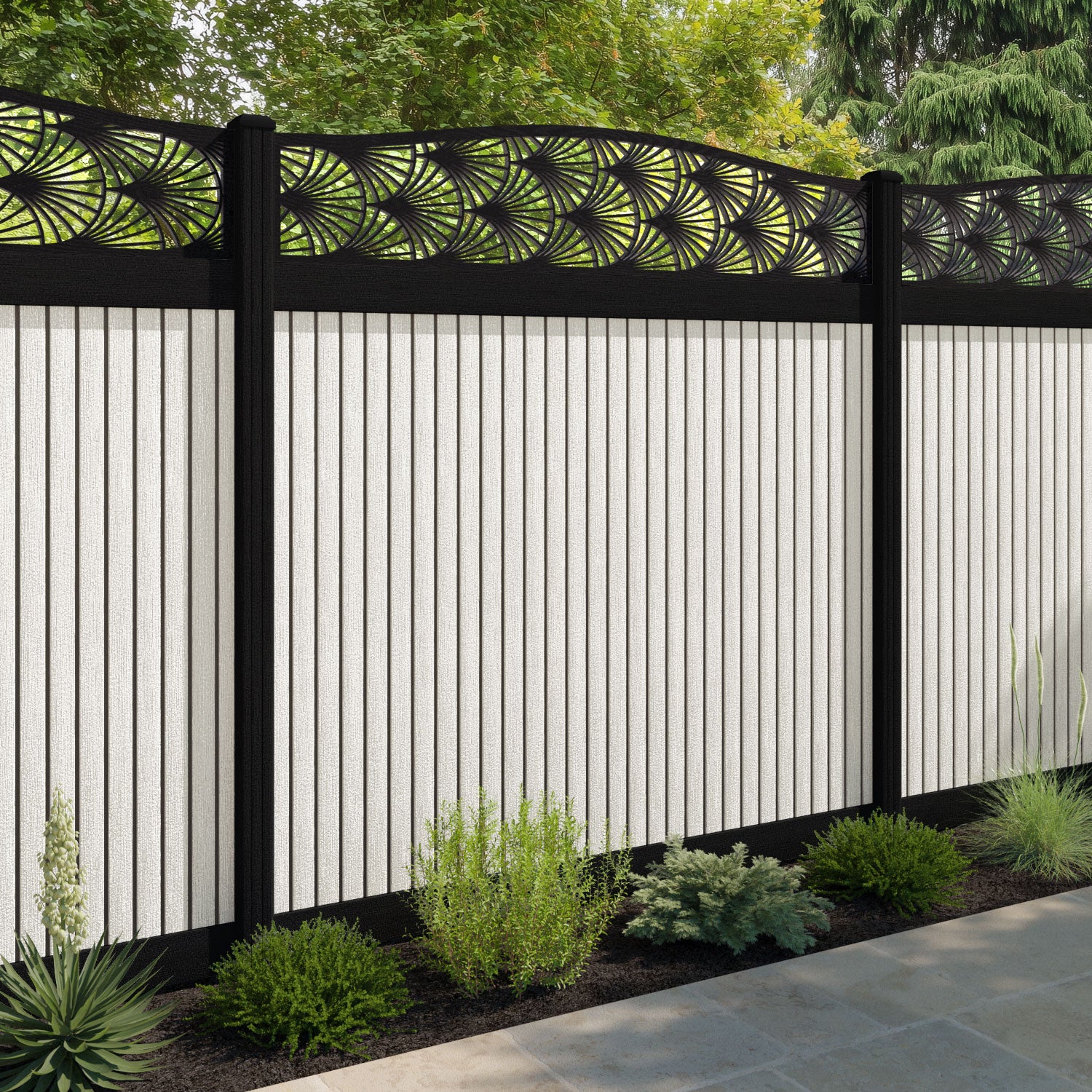Virtis Laurel Curved Top Fence Panel - Light Stone - with our aluminium posts