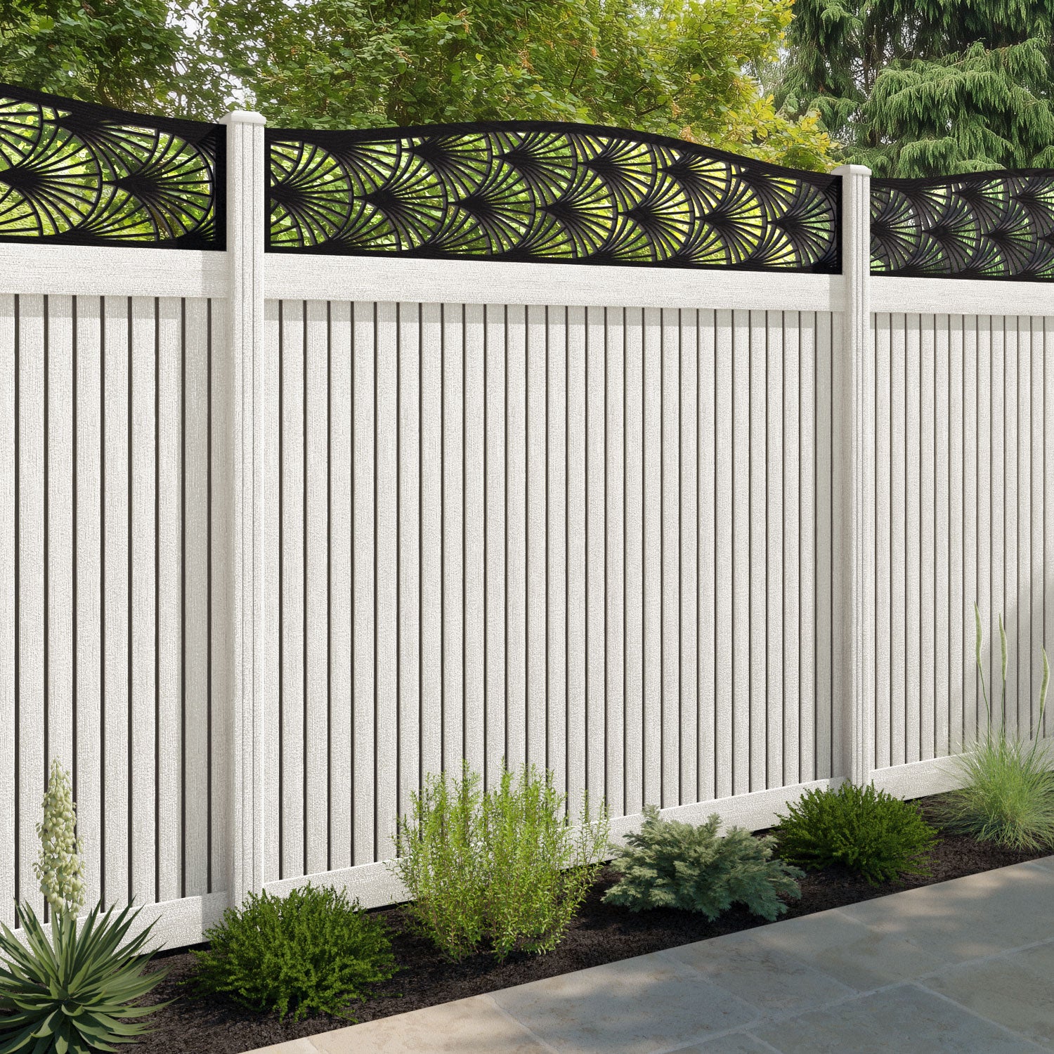 Virtis Laurel Curved Top Fence Panel - Light Stone - with our composite posts