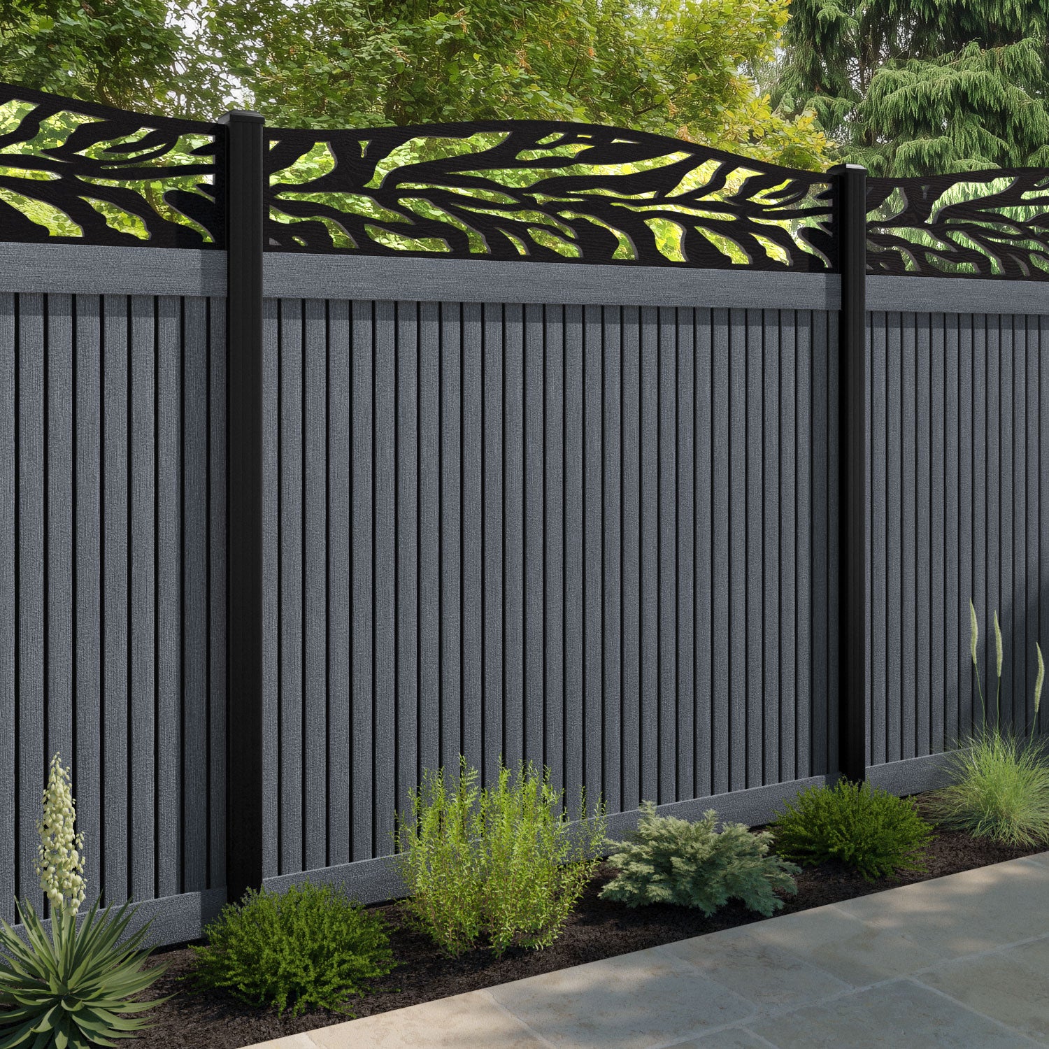 Virtis Malawi Curved Top Fence Panel - Anthracite - with our aluminium posts