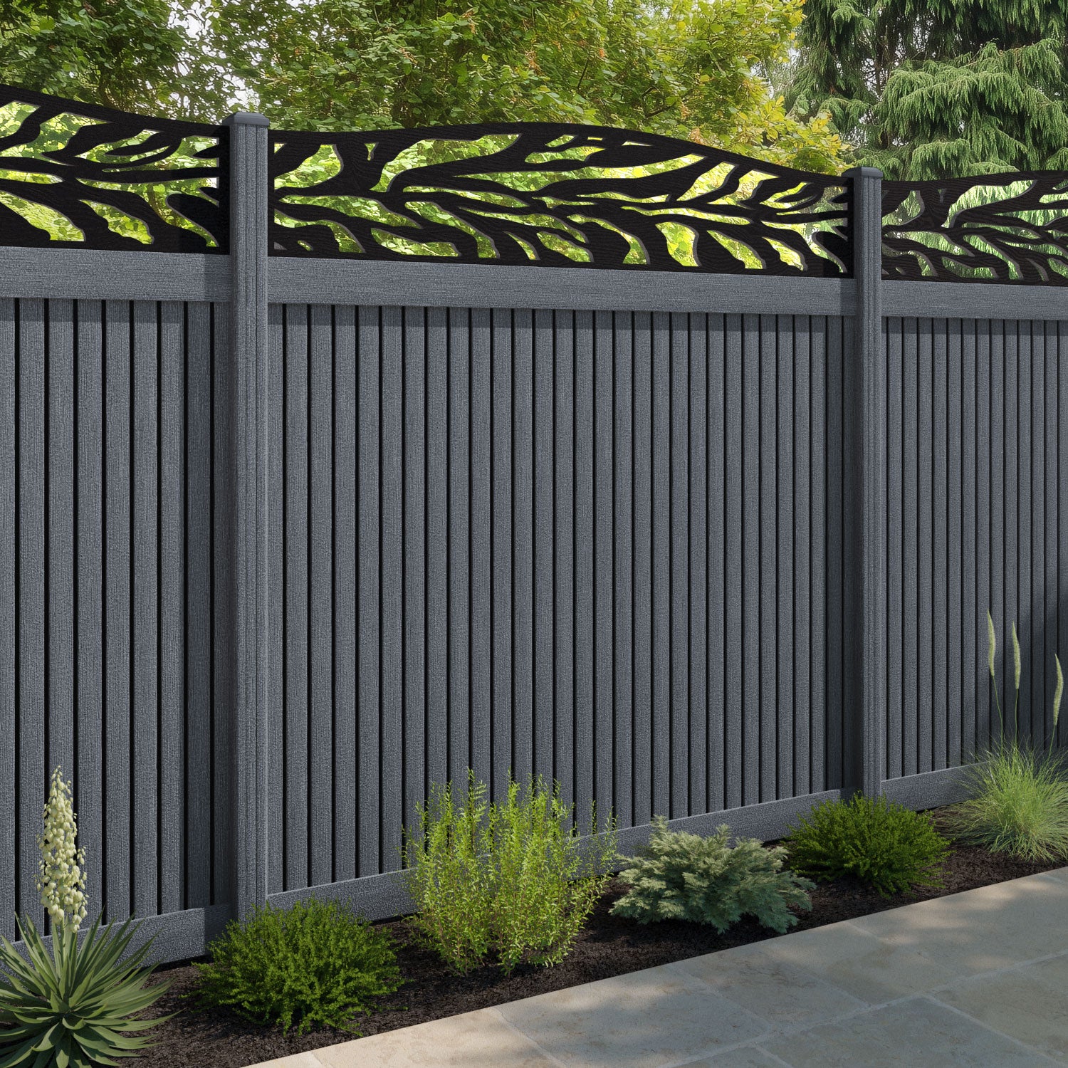 Virtis Malawi Curved Top Fence Panel - Anthracite - with our composite posts